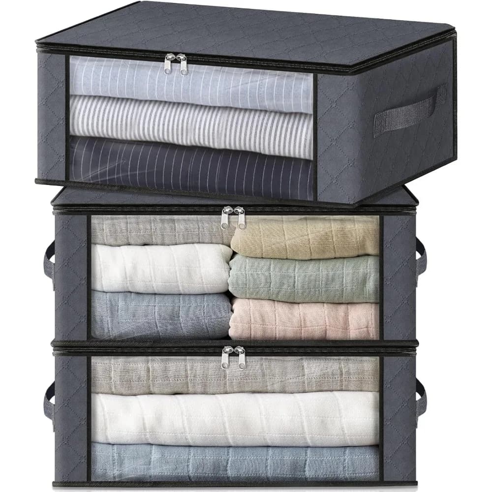 Storage 3-Pack Clothes Organizer Storage Bags Foldable Storage Box with Large Clear Window Sturdy Handles for Closet, Dorm, Pillows, Bedding, Clothes, Blankets, 35L, Gray