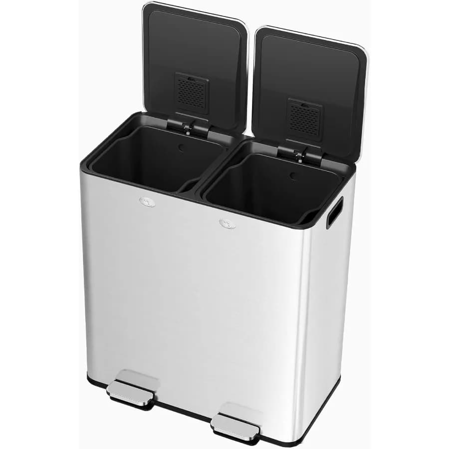 16 Gallon Double Spool (2 x 30 L) in Stainless Steel for Kitchen, Waste and Recycle Bin with Odori Control, Soft Closing Cover and Interior B