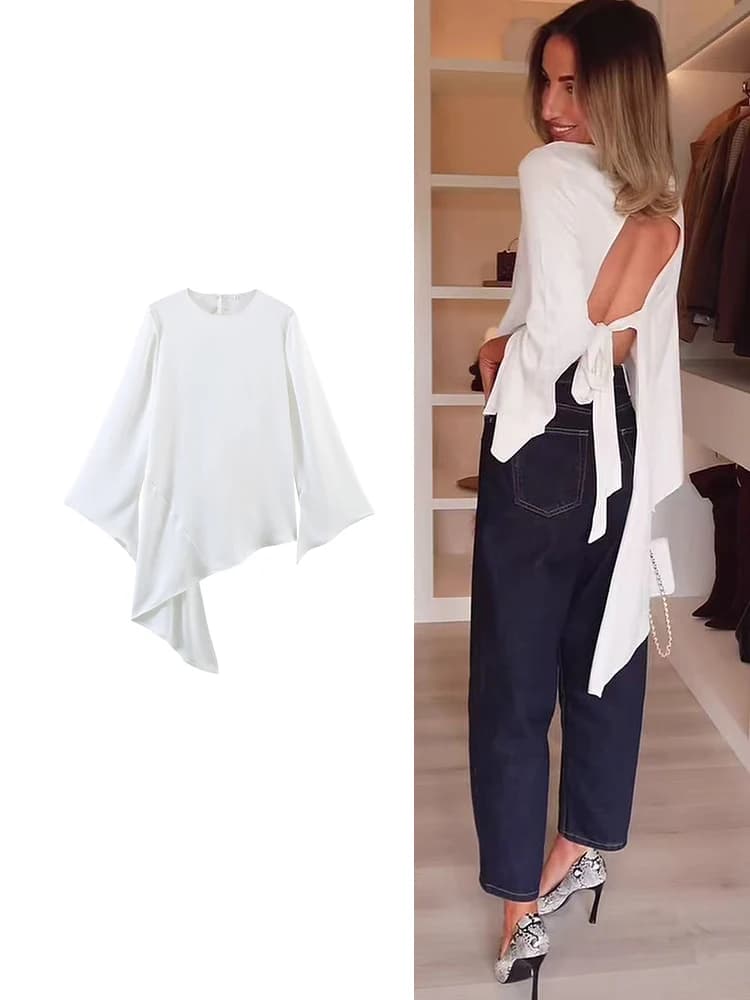 TFMLN Camicia Sexy da Donna con Schiena Scoperta, Maniche Lunghe con Lacci, Colletto Rotondo, Blusa Elegante, Top Casual alla Moda, Outfit Primaverile
