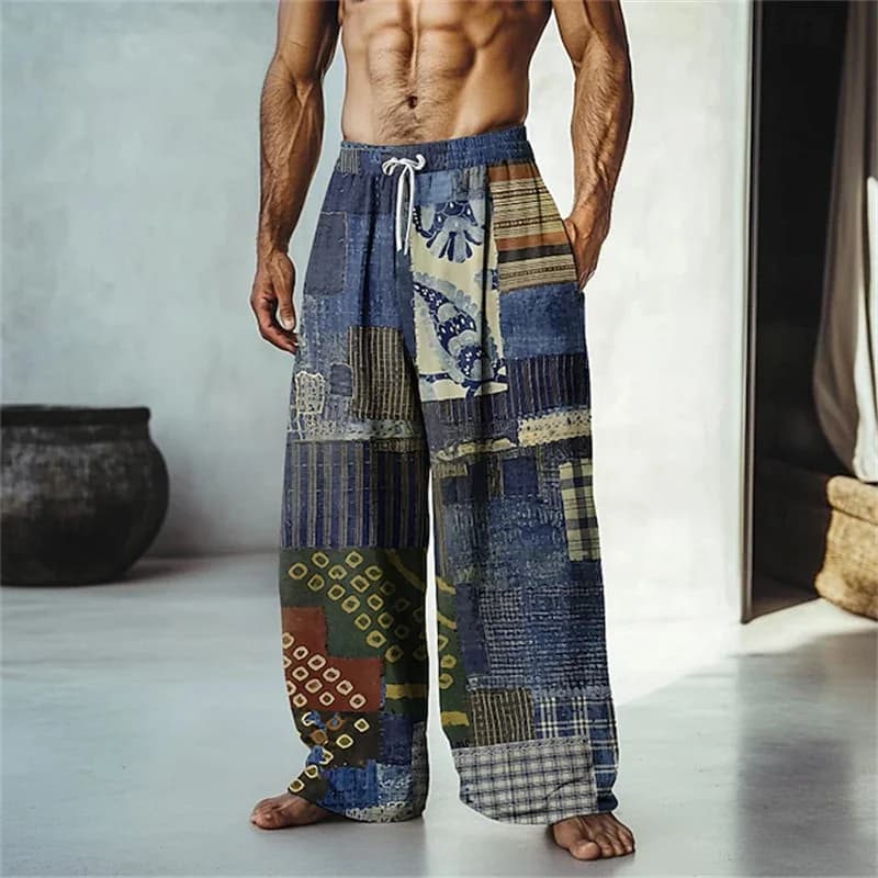 Pantaloni Casual da Uomo con Stampa 3D Hawaiana, Vestibilità Rilassata, Gamba Larga, Coulisse, Traspiranti, Stile Retrò per Vacanze