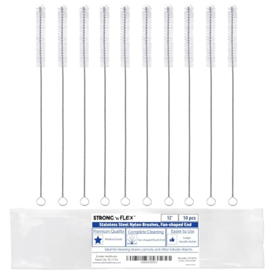 Brushes for cleaning nylon straws with fan ends for narrow spaces, ideal for reusable straws, water bottles, cups with spout and tubes.
