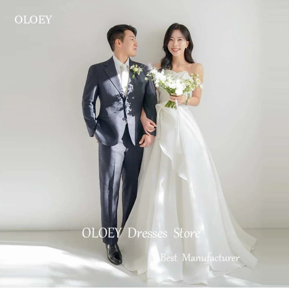 OLOEY Organza di seta Elegante A Line Corea Abiti da sposa Servizio fotografico Sweetheart Ruffles Corsetto Indietro Abiti da sposa Principessa