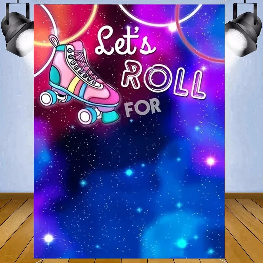 Sfondo Fotografico con Poster Neon 'Let's Roll' per Pattinaggio a Rotelle, Banner con Freccia Laser Luminosa, Sfondo per Festa di Compleanno delle Ragazze
