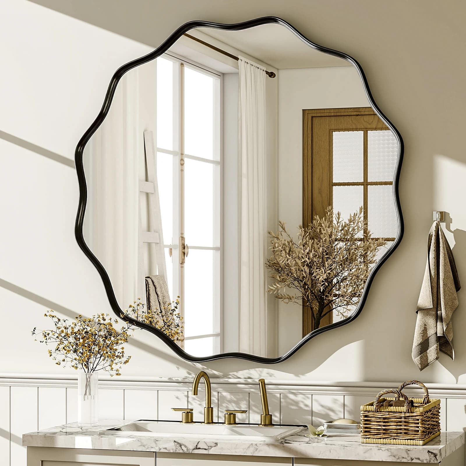 Specchio da parete decorativo per specchio da bagno rotondo ondulato con cornice profonda