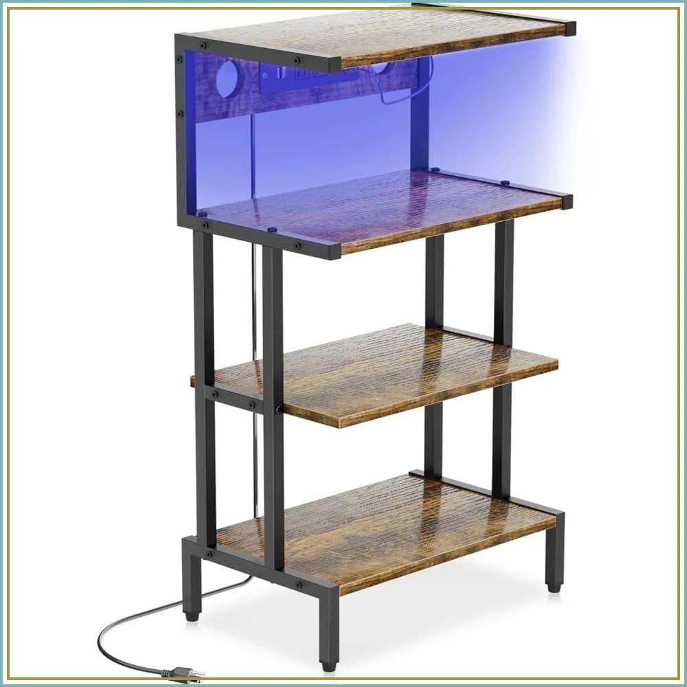 4-Tier Video Game Console Shelf with Outlet & LED Strip, Media Stand for PS4 PS5 Xbox Games Organizer, Small Entertainment Center for CD DVD
