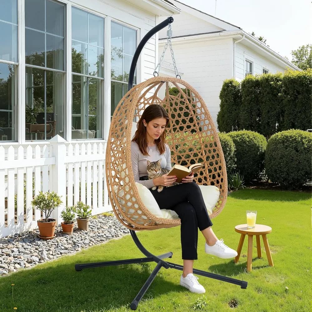 Hanging egg chair with pillows – Comfortable rattan rocking chair with patio, garden or balcony support – Elegant and