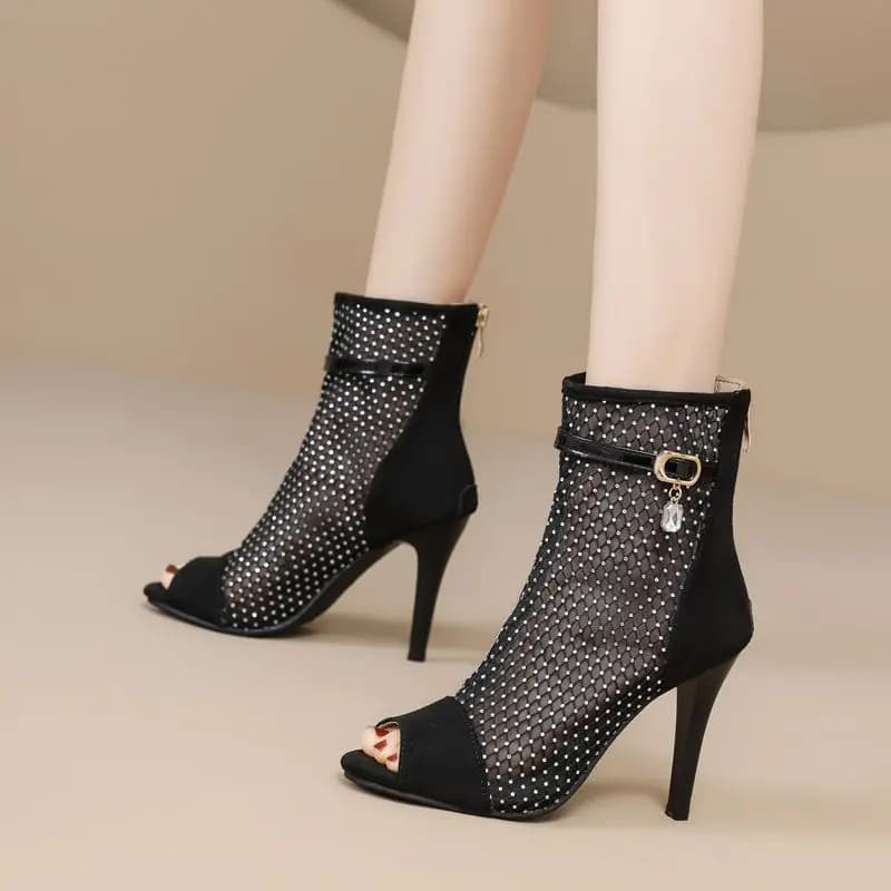 SIMLOVEYO Fashion Female Sandals Open Toe Suede Breathable Mesh Zipper Belt Buckle Thin High Heels 10cm Plus Size 43 44 45 46