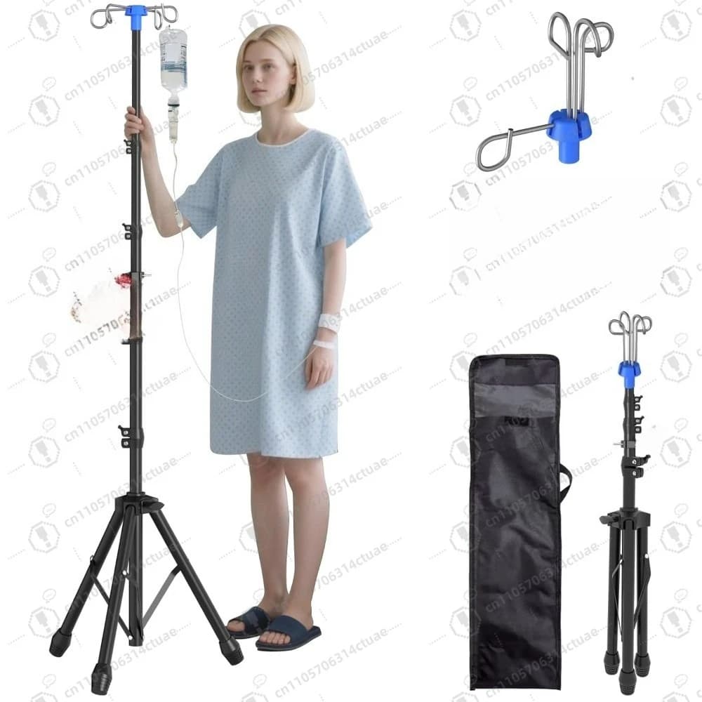 Supporto per palo IV portatile, supporto da pavimento telescopico pieghevole e regolabile in altezza con 4 ganci per assistenza domiciliare e ospedali