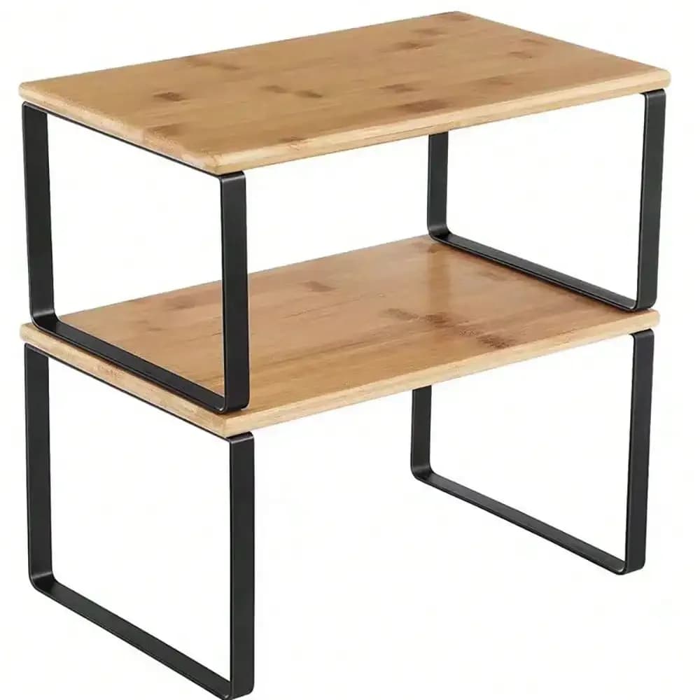 Set di 2 mensole organizer per armadietto, scaffali da cucina, porta spezie, impilabili, espandibili, in metallo e legno.