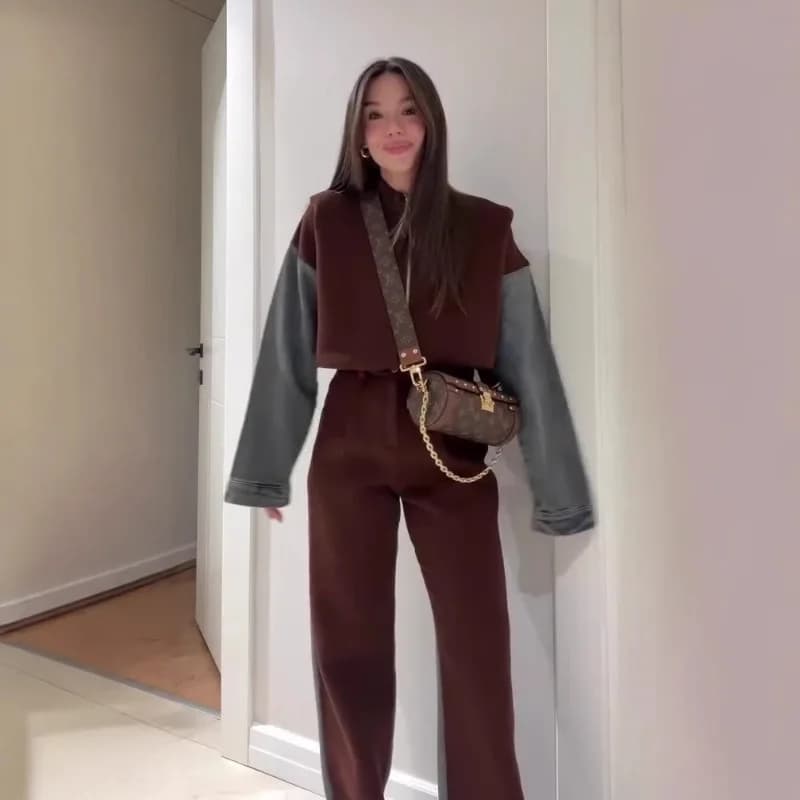 Autumn Women Tracksuit Elegant Long Sleeve Zipper Jacket Coat Straight Pants Two Piece Set Sport Denim Splicing Trousers Outfits