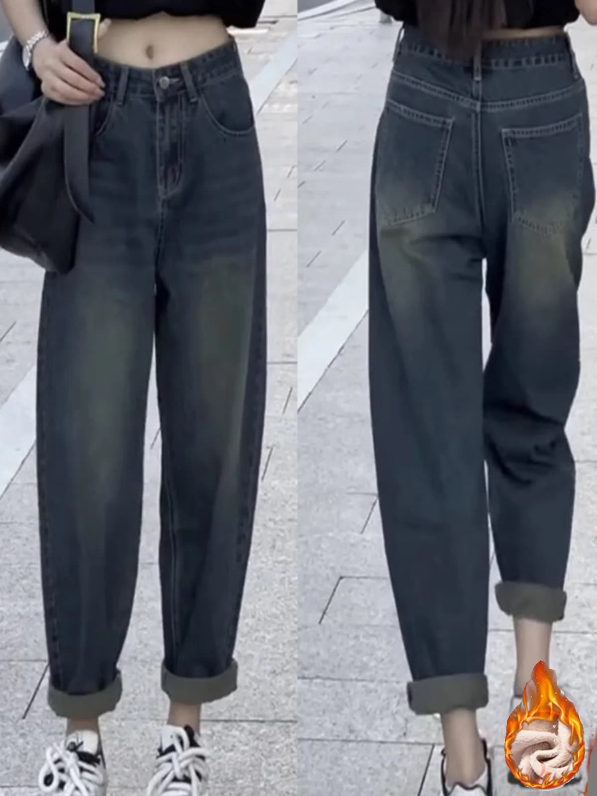 Women's Fleece Lined Thick Harlan Denim Jeans High Waist Long Trousers Vintage American Dad Style Loose Fit Slimming Effect