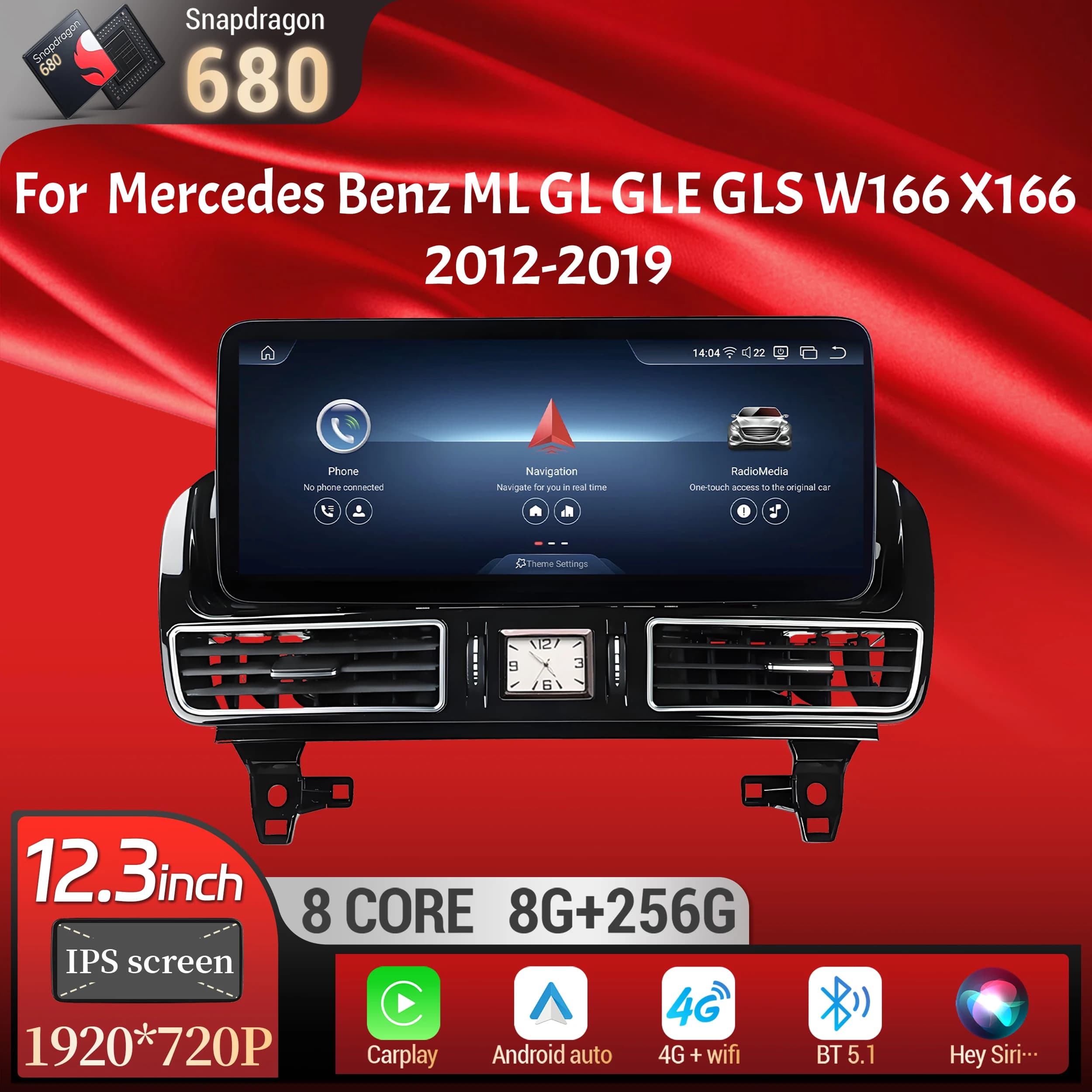 12.3inch Car Radio For Mercedes Benz ML GL GLE GLS W166 X166 2012-2019 Android 14 Wireless Carplay Snapdragon 680 Touch Screen