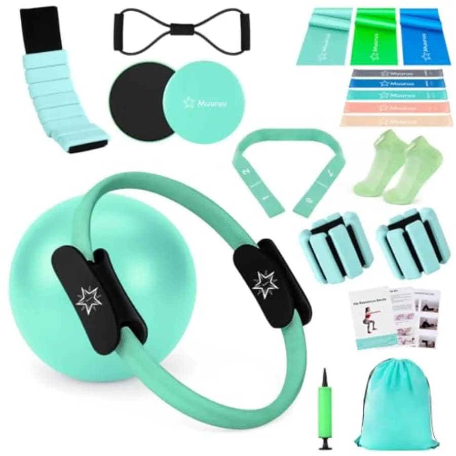 Kit Tools Pilates for Home Training with 14'' Magic Circle, Resistance Bands, Wrist Weights, Yoga Strap, Core Sliders, Socks and Bag
