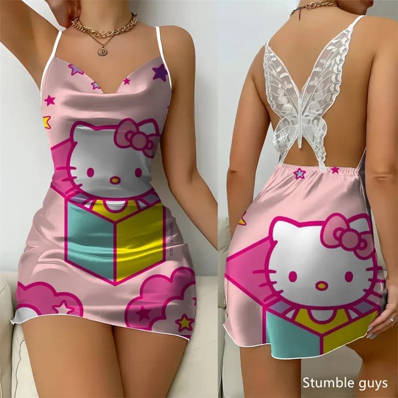 Abito Estivo da Donna Hello Kitty con Fiocco, Pigiama Sanrio per Ragazze, Gonna da Notte