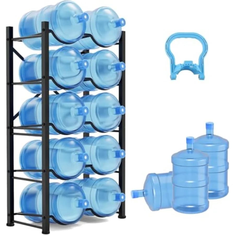 Portabottiglie per 10 Bottiglie da 5 Galloni con 5 Livelli, Design a Doppia Fila, Supporto Resistente per Contenitori d'Acqua, Compatto e Stabile