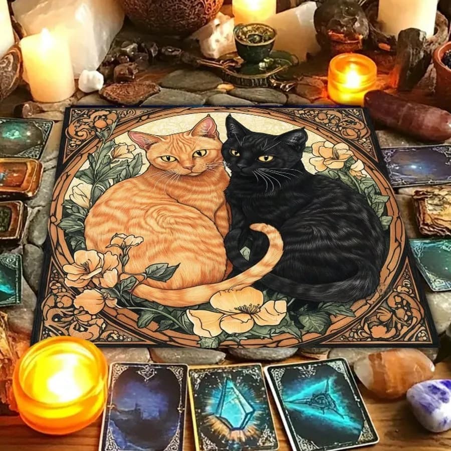 Tappeto Altare Gatti Lunari Mistici con Cielo Stellato Floreale, Telo da Tavolo per Divinazione Tarocchi, Tappetino per Tarocchi, Decorazione Casa Strega, Tappetino per Carte da Gioco