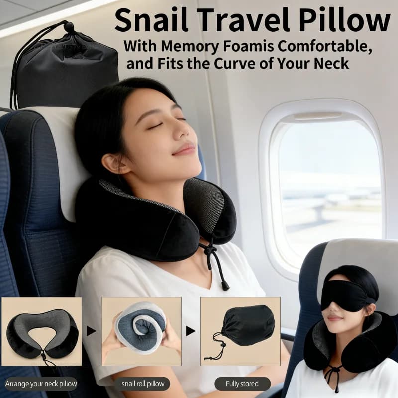 Cuscino da Viaggio Portatile in Memory Foam a Forma di U, Stile Lumaca, Regolabile, Morbido Cuscino per Dormire in Auto, Aereo, Treno, Ufficio