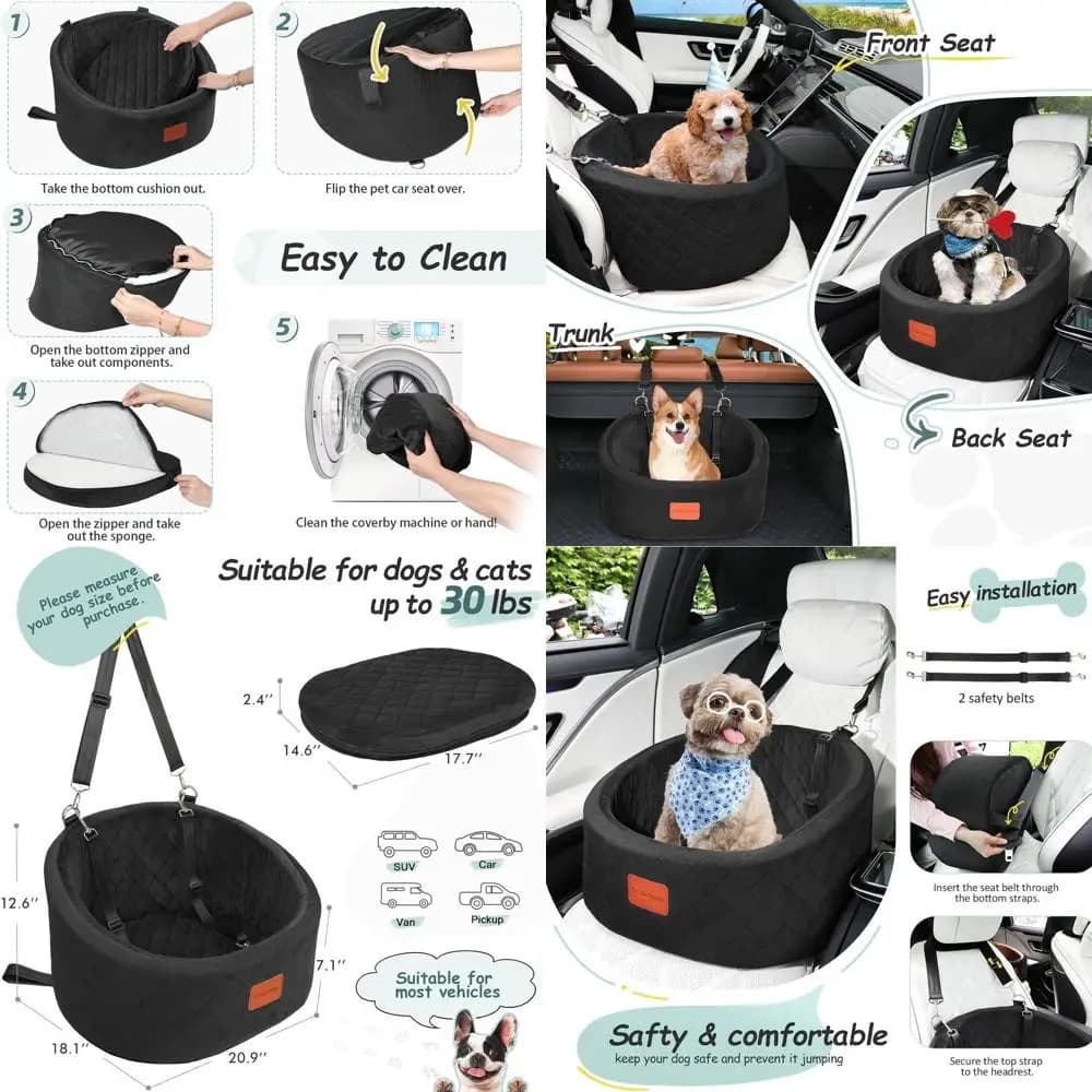 Sedile Auto per Cani in Tessuto Ultra Morbido per Cani Piccoli fino a 13,6 kg, Schiuma Memory Confortevole, 2 Guinzagli di Sicurezza, Rimovibile e Lavabile