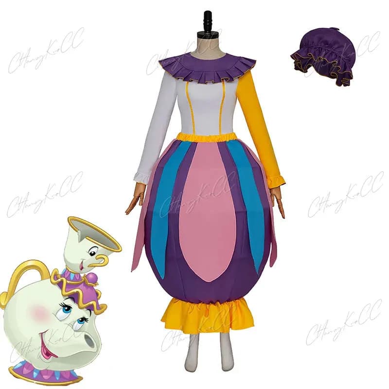 Tea Pot Cosplay Mrs Potts Long Sleeves Colorful Dress Hat Costume Adult Women Halloween Christmas Carnival Fanshion Clothes