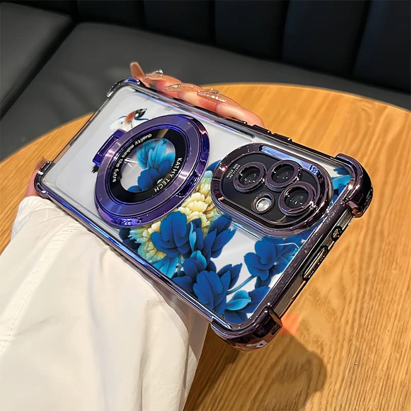 Custodia per telefono con supporto per OPPO Reno 10 Pro 8T 8Z 7Z 7 6 Lite 4 5 Pro, placcata, antiurto, trasparente, con decorazione floreale e uccelli