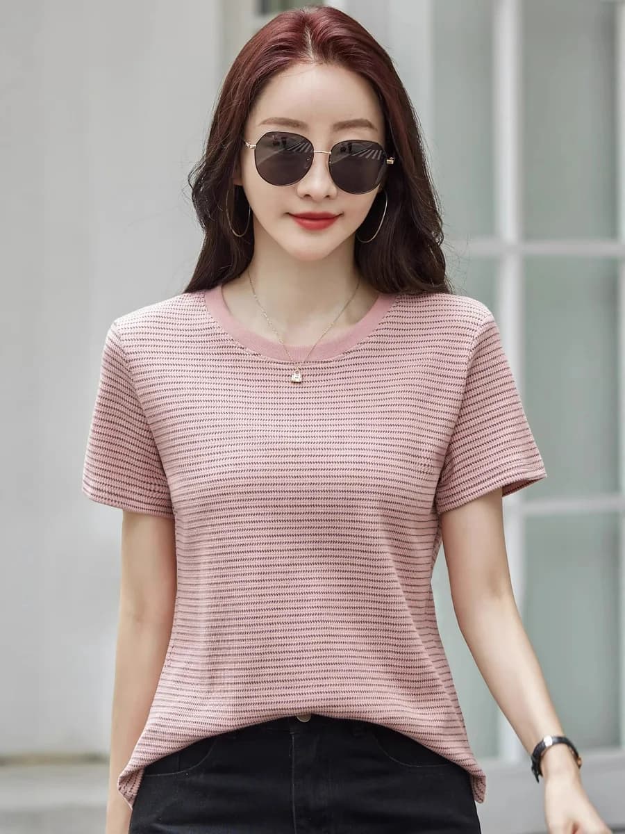 Nuova T-shirt da donna a maniche corte con scollo a O, mini fantasia pied de poule a righe, in cotone, semplice, estiva, casual