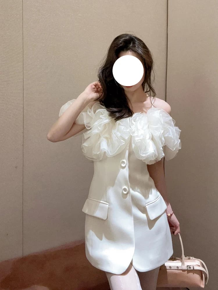 Elegant One-Shoulder Summer Dress Women's High Waist A-Line Skirt Party Dress Korean Style Short Sleeve Polyester Fiber