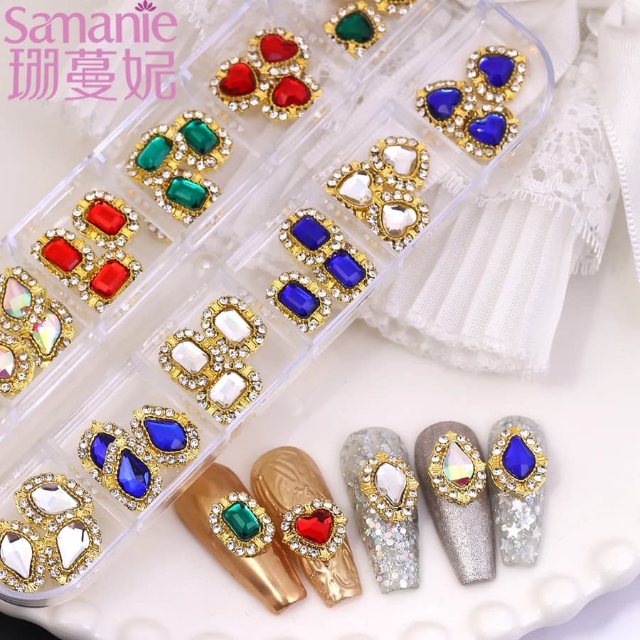 SANANIE 12Grids Geometric Mixed Rectangle Heart Nail Art Charms Luxury 3D Red Blue Green White Diamond Crystal Nails Accessories