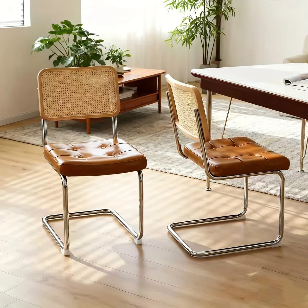 Set di sedie da pranzo Brewer in stile medievale moderno (set di 2) — Seduta in vimini effetto pelle con gambe cromate; Telaio e imbottitura in similpelle