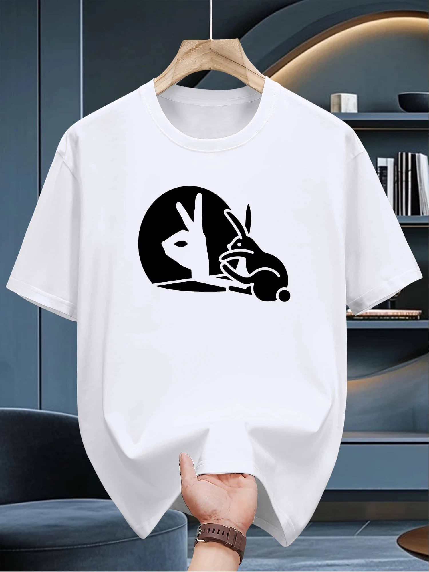 Men's 100% Cotton Funny Rabbit Print T-Shirt Summer Casual Short Sleeve Graphic Tee