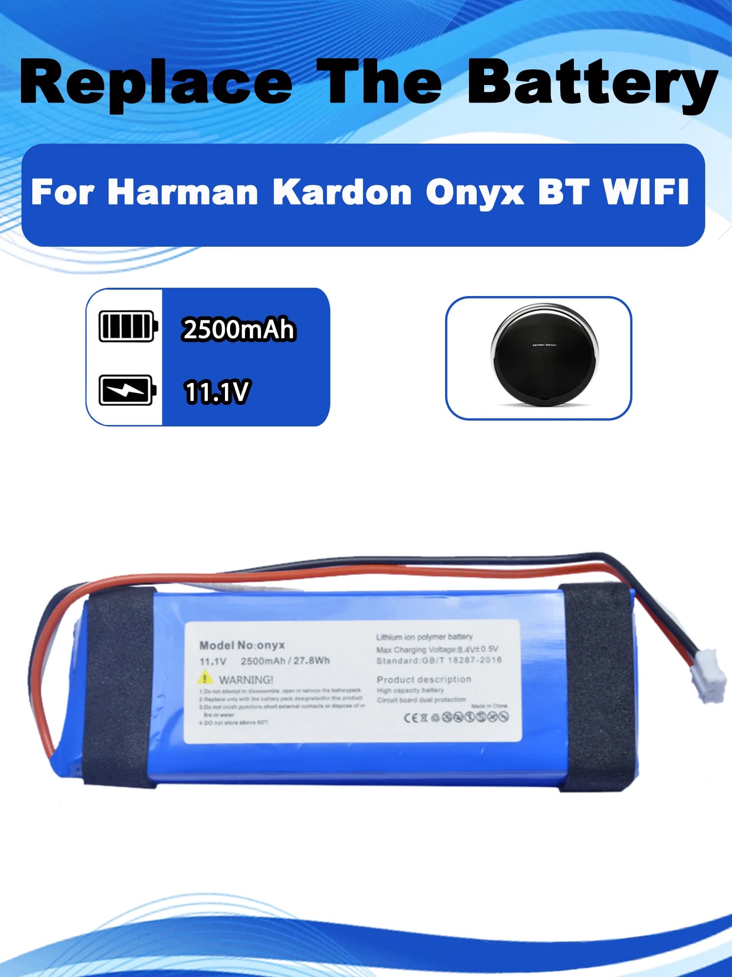11,1 V 2500 mAh 3S- 633496 PR- 633496 Batteria di ricambio per altoparlante Bluetooth Harman Kardon Onyx BT WIFI Strumenti gratuiti