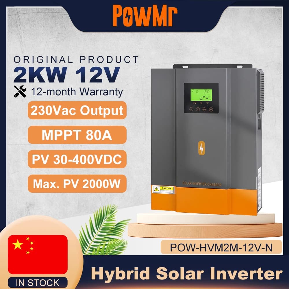 Inverter Solare Ibrido PowMr 2KW 220V Onda Sinusoidale Pura, Carica Batteria 12V con Regolatore di Carica Solare MPPT 80A, Max PV 400VDC