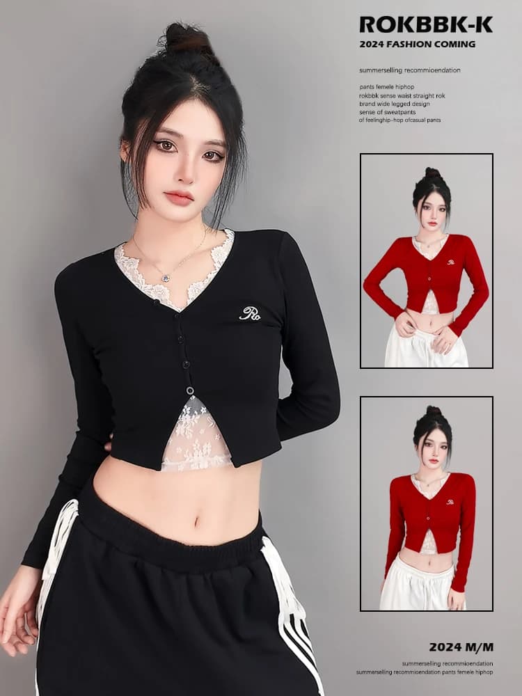 ROKBBK-K Street Style Long Sleeve Jazz Hip Hop Dance Top Women Casual Flounce Top Spring Fashion T-Shirt Cotton Blend