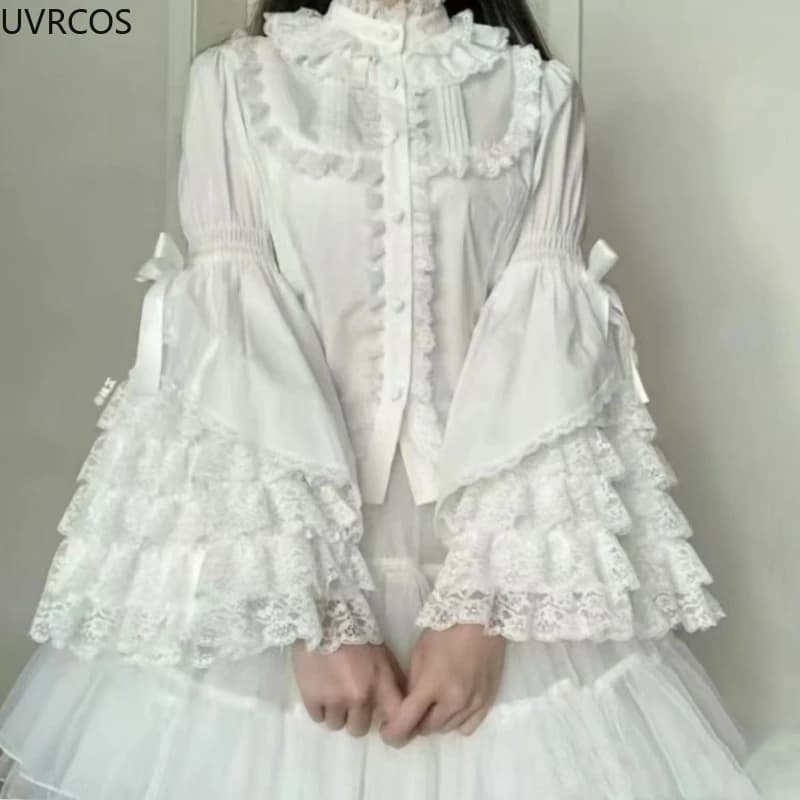Giapponese dolce carino Lolita manica svasata arco camicie donna Y2k estetica pizzo patchwork camicetta Kawaii ragazza allentata Blusas Mujer top