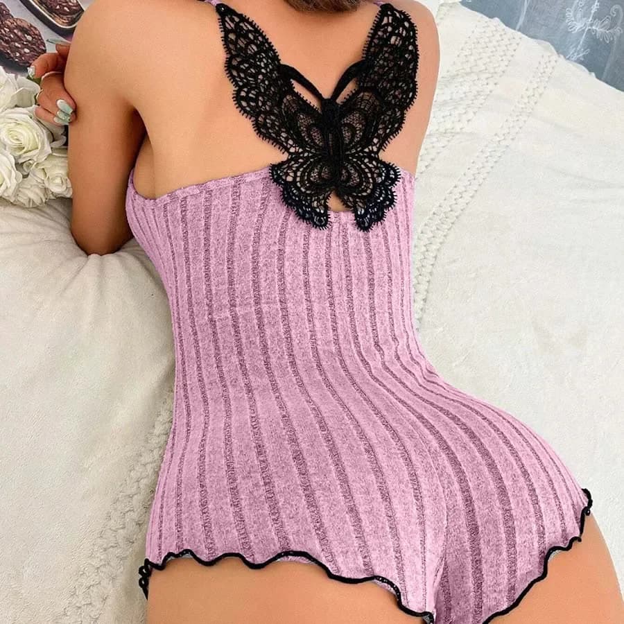 Pigiama da donna con bretelle, pizzo e fiocco, senza maniche, scollo a V, completo pigiama sexy tinta unita per la casa, estivo
