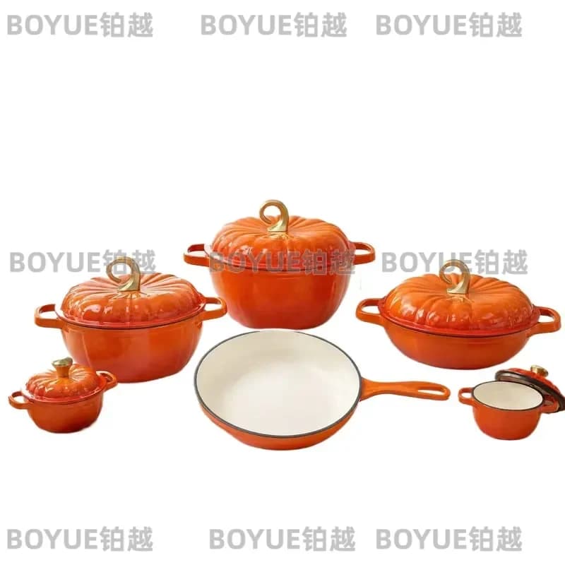 Enameled Cast Iron Pumpkin Shaped Cookware Set Dutch Oven Seafood Pan Stew Pot Frying Skillet Multifunctional Kitchen Pots