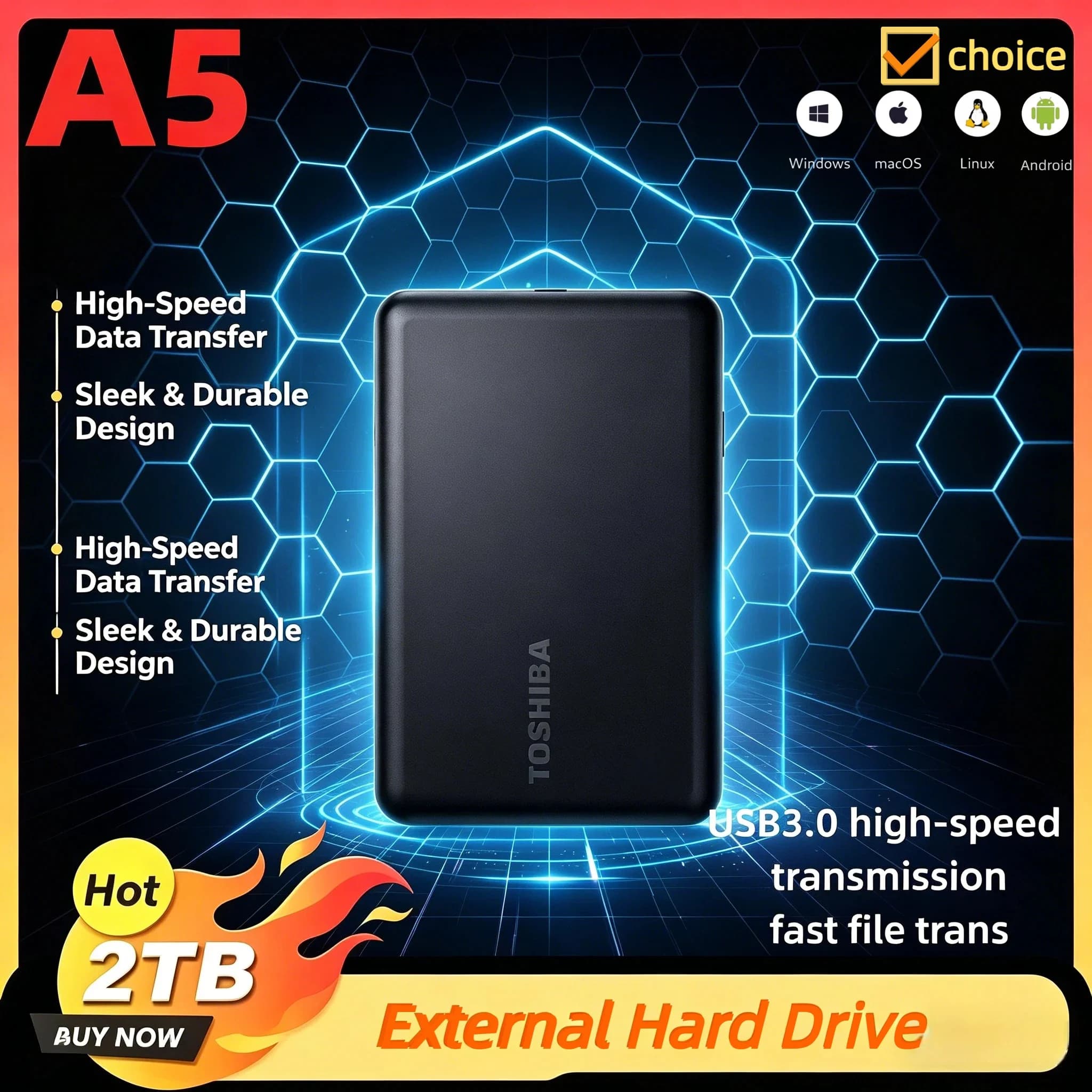 OEM per Toshiba A5, Box Esterno Portatile USB 3.0 per HDD da 500GB, 1TB, 2TB, Disco Rigido da 2,5 Pollici per PC, Mac, Laptop, PS4, PS5