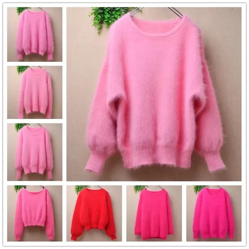 04 Donna Donna Autunno Inverno Abbigliamento Dolce Rosa Angora Coniglio Capelli Lavorato a maglia O-Collo Maniche lunghe Camicette sottili Pullover Maglione Top