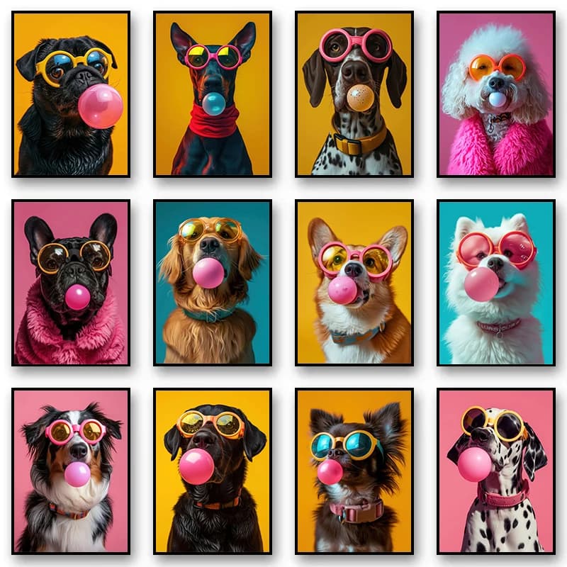 Animals Funny Prints Dog Colorful Bubblegum Sunglasses Poster Samoyed French Bulldog Canvas Painting Wall Art Picture Home Decor