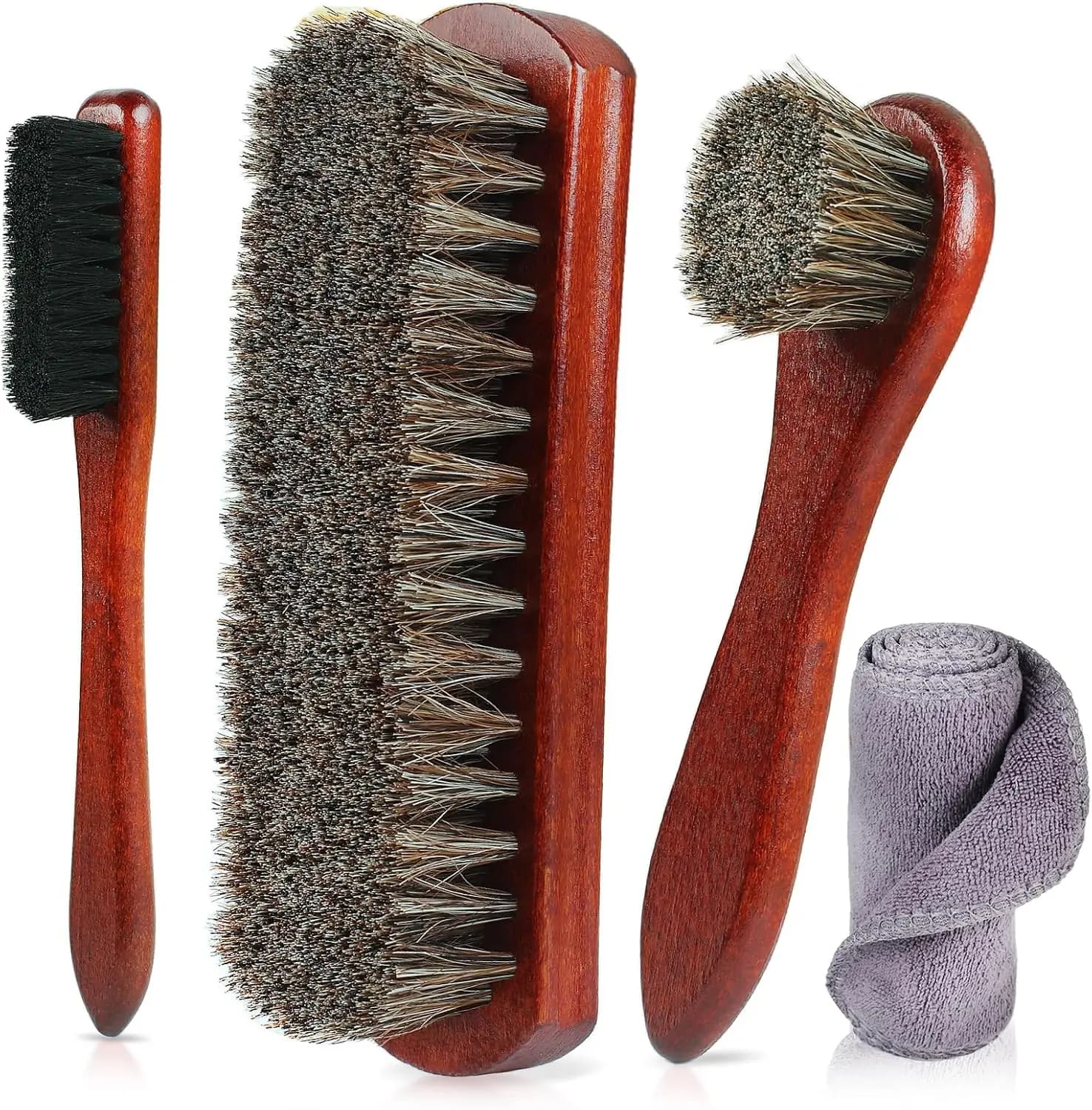 Shoe Brush Kit with 4 Horsehair Brushes for Leather Cleaning and Polishing Boots