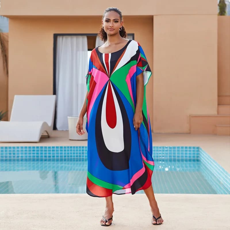 Swimsuit Cover Ups for Swimwear Rainbow Kaftans for Women 2025 Bohemian Maxi Dresses Holiday Bathing Suits Dropshipping