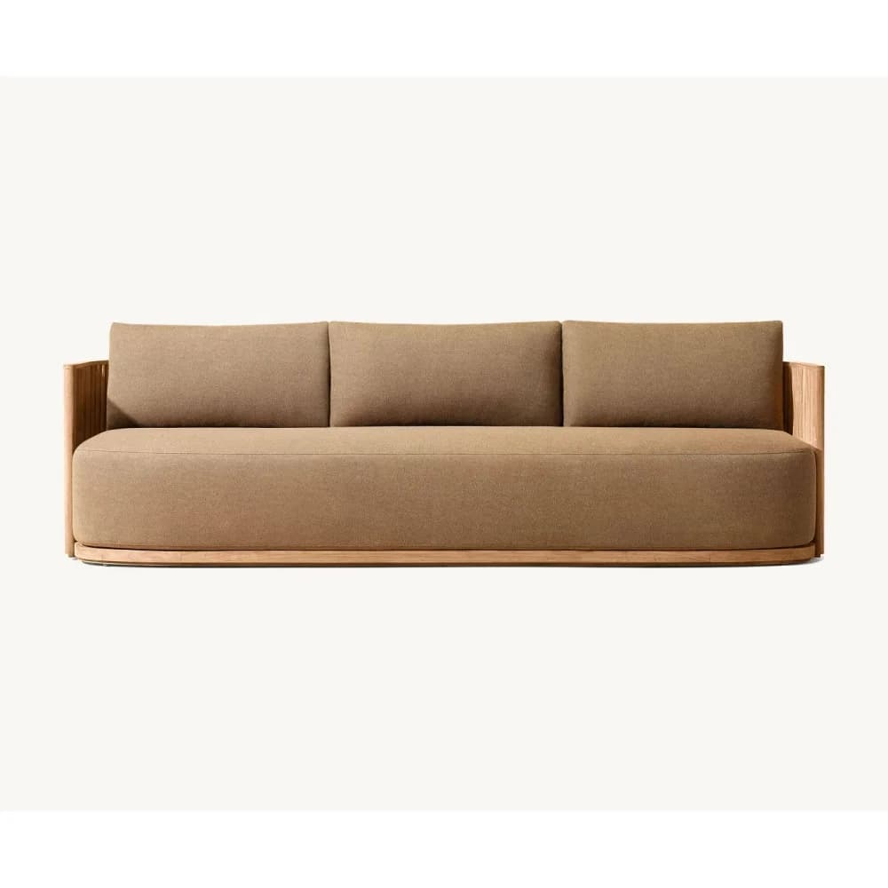 Mobili da giardino personalizzati, set divano componibile in teak per patio, divano in tessuto impermeabile, copritavolo e coprisedie, struttura in legno.