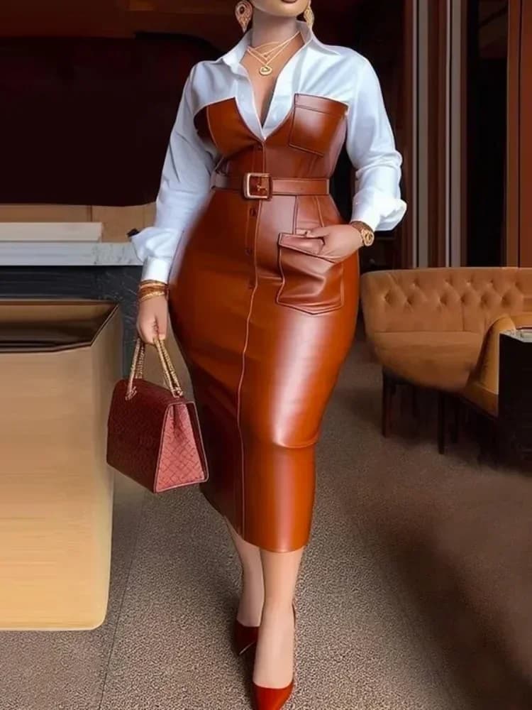 2025 Abiti da donna Camicia Gonna in PU Nuovi bottoni autunnali Manica lunga Patchwork Tasca Skinny con cintura Risvolto Abito longuette femminile