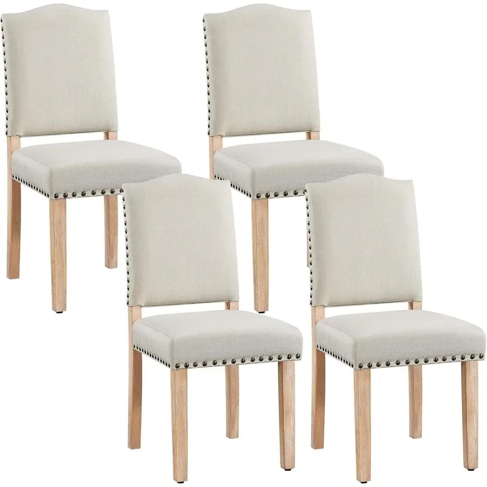 Set di 4 Sedie da Pranzo Imbottite in Tessuto Classico con Finitura a Chiodi e Gambe in Legno per Sala da Pranzo/Soggiorno/Ristorante
