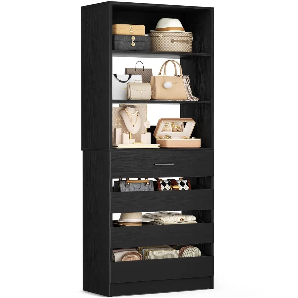 21.3" Closet System with 4 Drawers, Wood Closet Organizer with Open Shelves, Modular Drawers System Tower, Walk-in