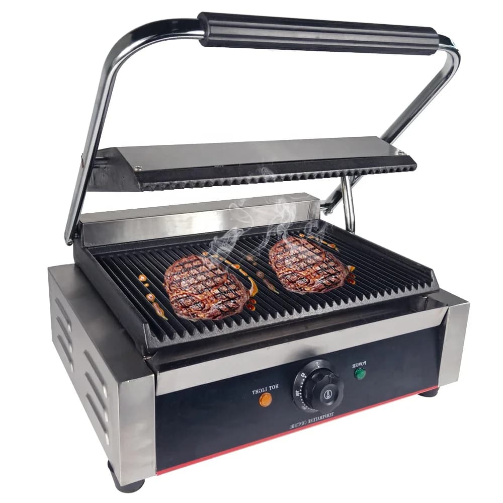 Sandwich Press Panini Grill, Cast Iron Plates, Adjustable Thermostat 120-570°F, NSF Certified for Restaurant Cafe Food Truck