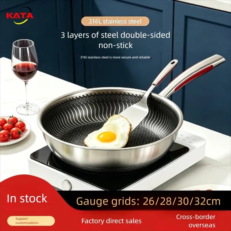 Stainless Steel Frying Pan for Home Use, Flat-Bottomed, Perfect for Cooking Steak and Eggs, Non-Coated, Compatible with Inductio