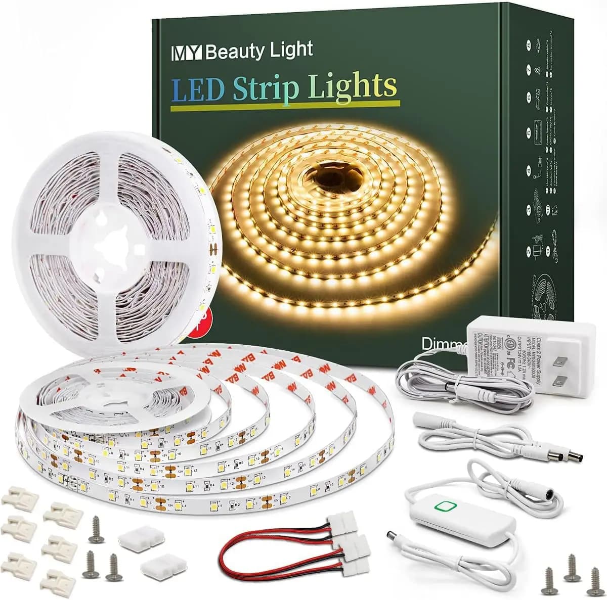 Striscia LED Dimmerabile Bianco Caldo da 20m con Dimmer, Adesivi e Connettori per Decorazioni Interne
