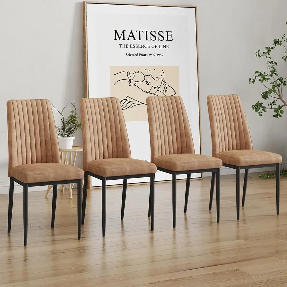 Sedie da Pranzo Moderne Marroni, Set di 4 Sedie in Metallo con Tessuto Scamosciato e Gambe Alte, Sedie da Cucina in Metallo, Personalizzabili