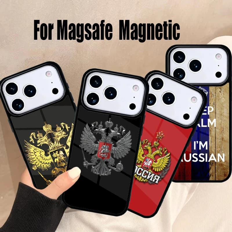 Cover per iPhone con Bandiera Russa per iPhone 17 Air 16e 15 14 13 12 11 Pro Max Plus, Cover Magnetica Wireless Magsafe