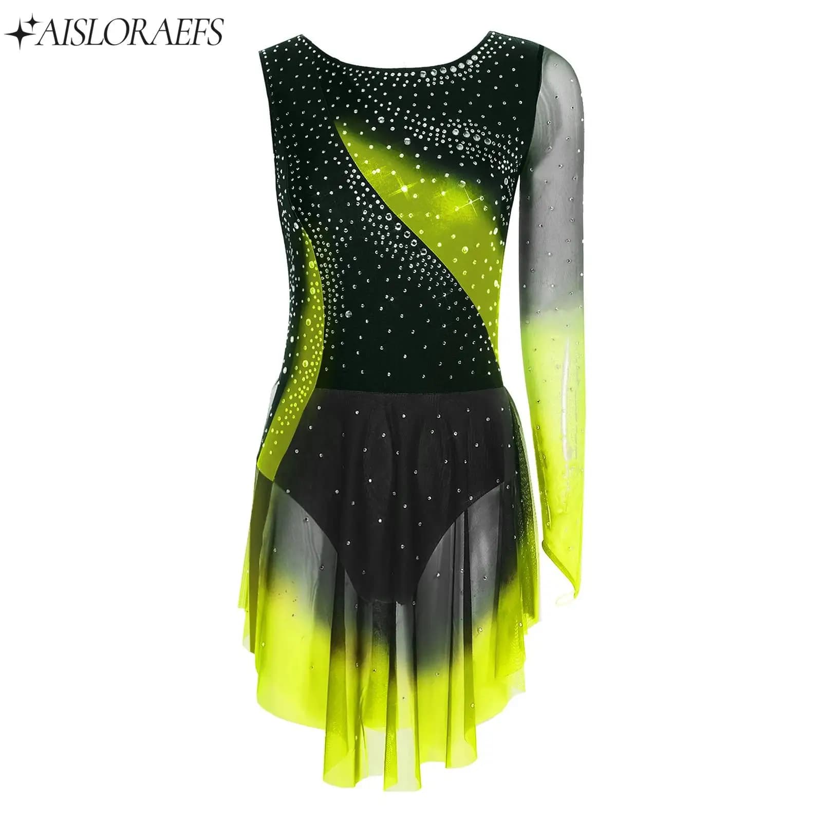 Costume da ginnastica ritmica da donna con gonna a maniche lunghe con strass, orlo in rete irregolare, pattinaggio di figura, balletto, danza